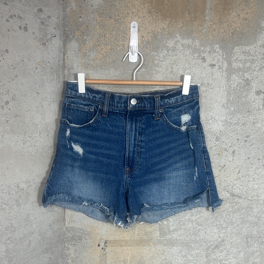 Abercrombie & Fitch The 4” Mom Distressed Dark Blue Denim Shorts